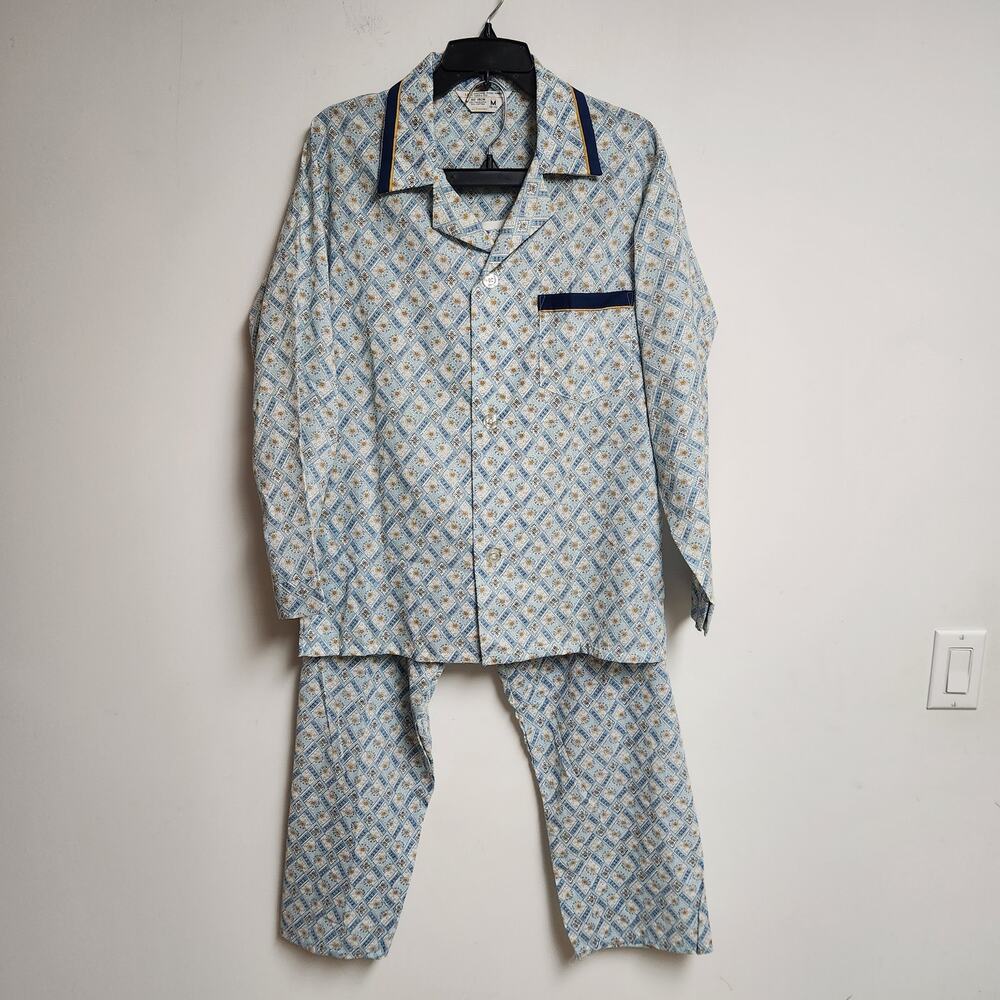 Vintage Retro JC Pennys Pajama Set Notch Collar Mens Medium No Iron Blue 70s